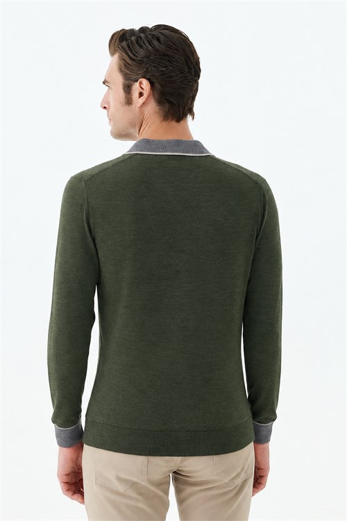 Yeşil Slim Fit Polo Yaka Fermuarlı Triko Kazak