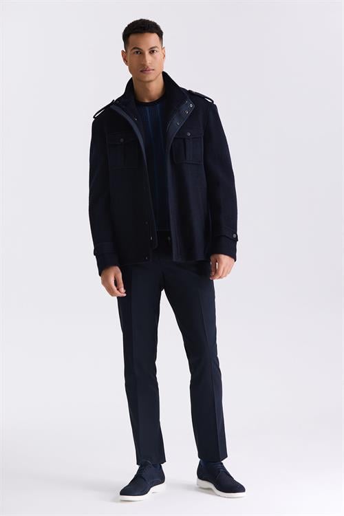 Lacivert-2 Slim Fit Hakim Yaka Apoletli Desenli Spor Kaşe Kaban