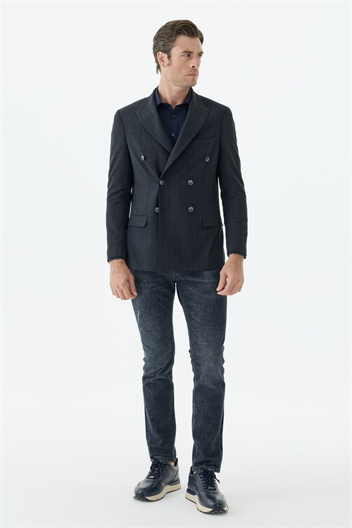 Lacivert Slim Fit Dik Yaka Kruvaze Ceket