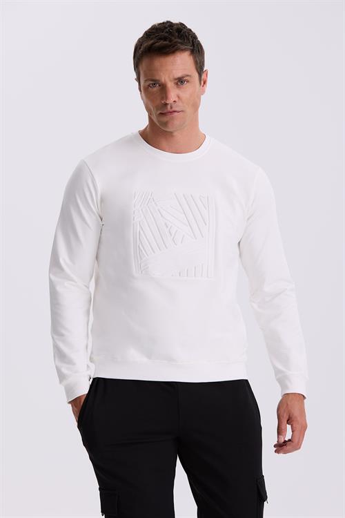 Beyaz Slim Fit Bisiklet Yaka Dar Kesim Baskılı %100 Pamuk Sweatshirt