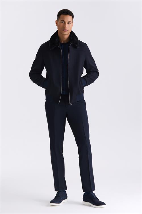 Lacivert Regular Fit Çıkarılabilir Kürklü Yaka Lastikli Yünlü Kaban Mont