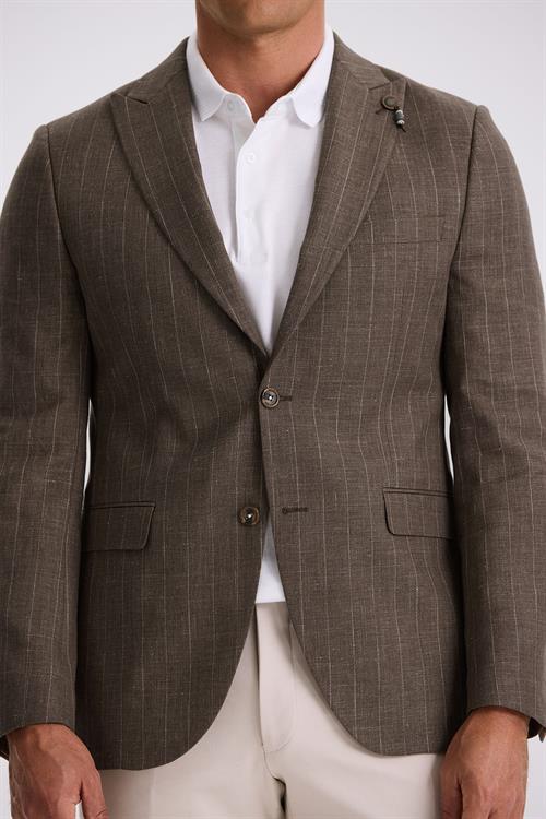 Kahve Slim Fit Kırlangıç Yaka Çizgili Keten Pamuk Mevsimlik Ceket