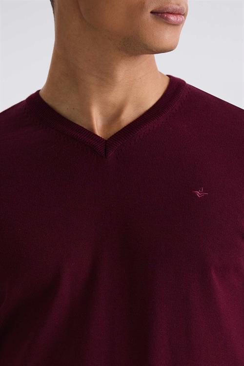 Bordo Slim Fit V Yaka Triko Kazak