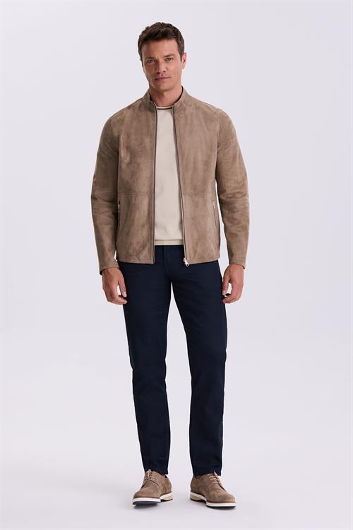 Bej Comfort Fit Dik Yaka Çift Taraflı %100 Deri Mont