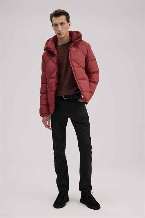 Bordo Lacivert Comfort Fit Kapuşonlu Şişme Mont