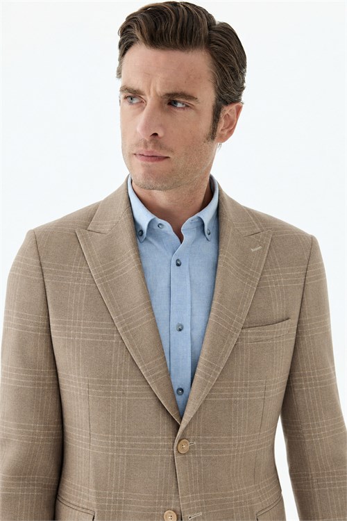 Bej Slim Fit Ceket Sivri Yaka Ekoseli Ceket