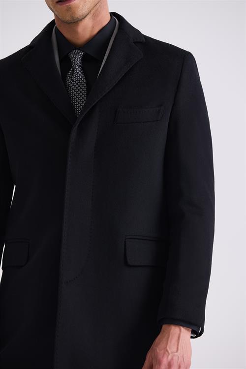 Siyah Regular Fit Mono Yaka Yünlü Kaşe Kaban