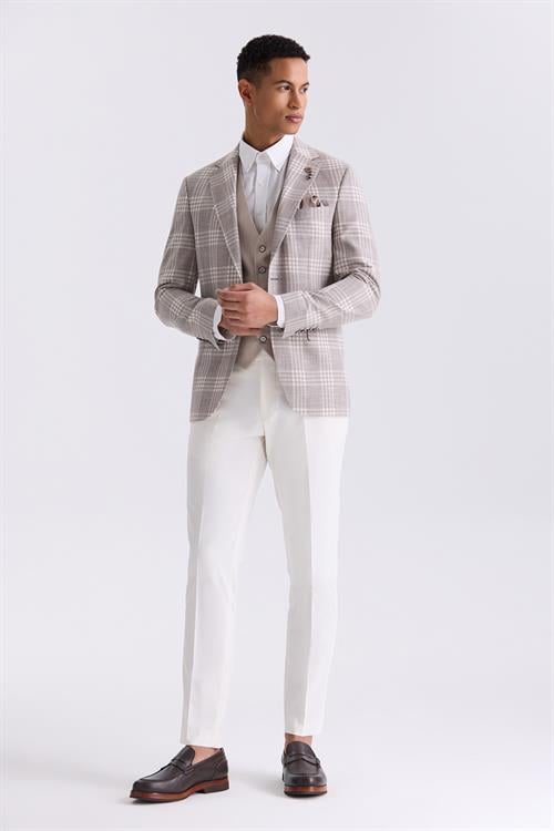 Kahve Slim Fit  Mono Yaka Kareli Kombinli Yelekli Takım Elbise