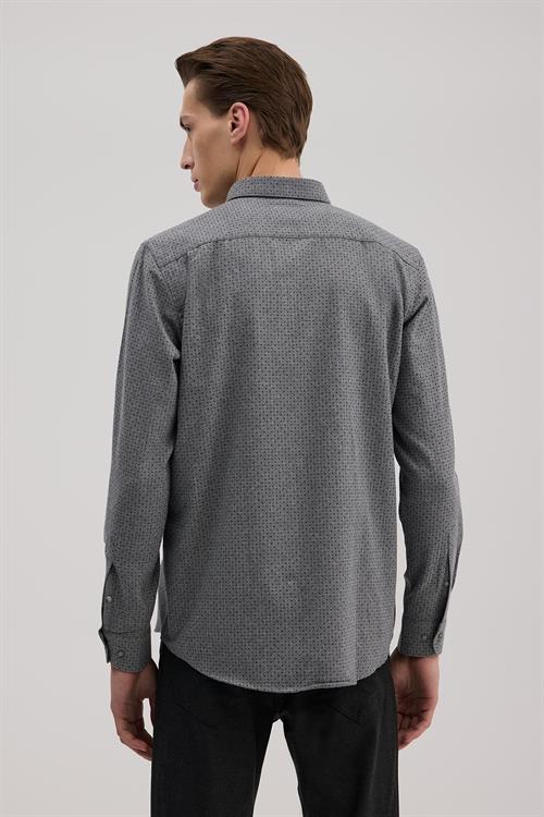 Antrasit Comfort Fit Desenli Pamuklu Düğmeli Yaka Gömlek