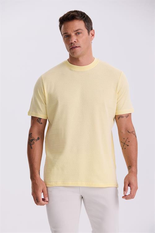 Sarı %100 Pamuk Desenli Bisiklet Yaka T-Shirt