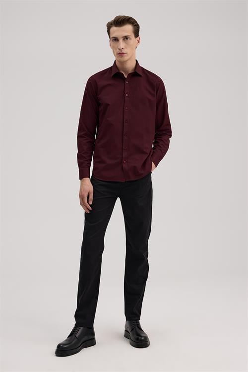 Bordo Rahat Kalıp - Comfort Fit Gömlek Klasik Yaka
