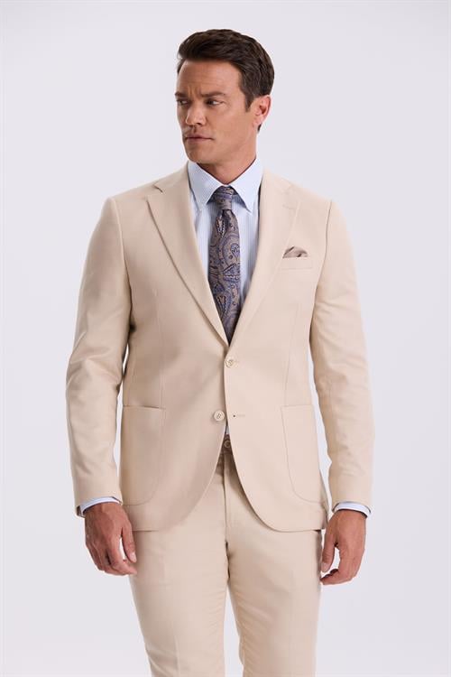 Bej Slim Fit Mono Yaka Tensel Kumaş Çift Yırtmaç Torba Cepli Takım Elbise