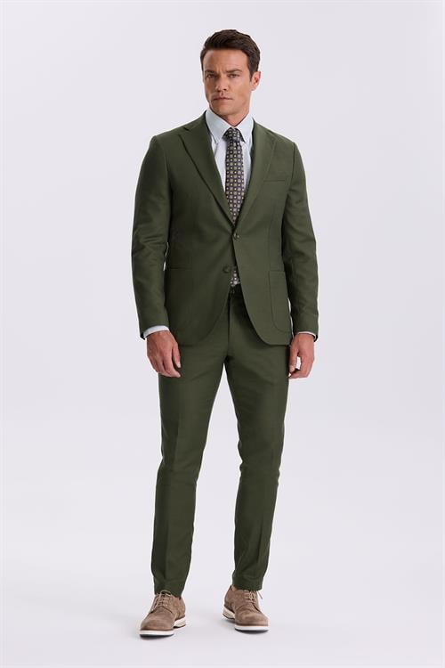 Haki Slim Fit Mono Yaka Tensel Kumaş Çift Yırtmaç Torba Cepli Takım Elbise