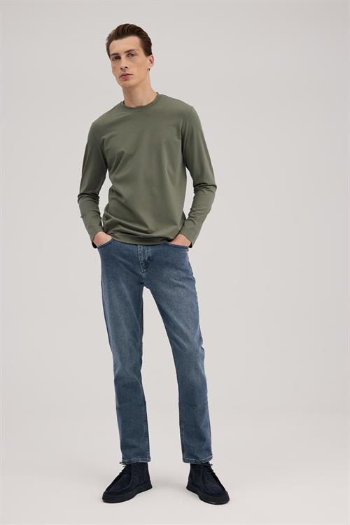 Haki Slim Fit Bisiklet Yaka Rayon Uzun Kollu Basic T-Shirt