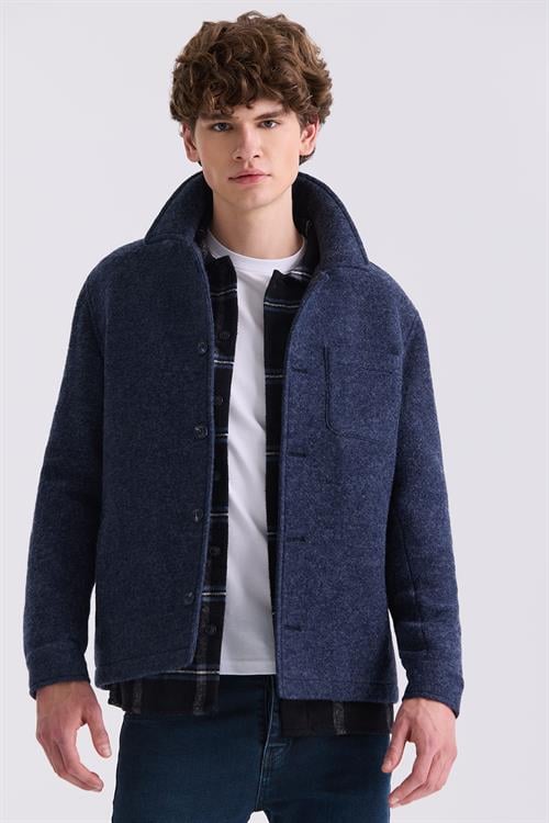 Lacivert Slim Fit Berberi Yaka Yünlü Kaşe Kaban