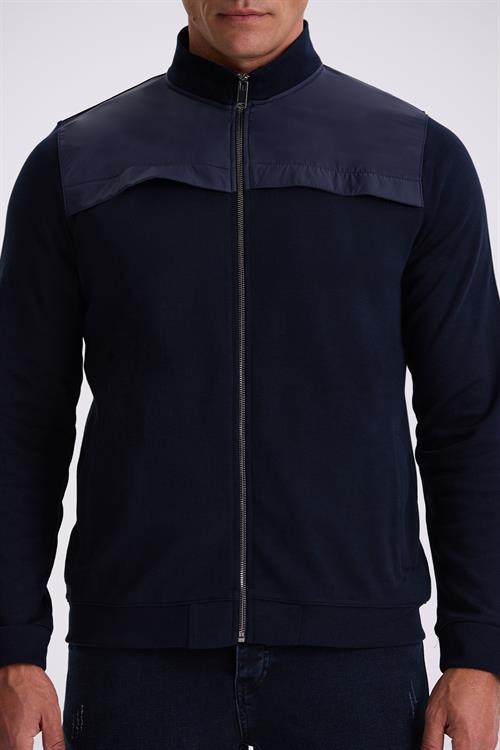 Lacivert Slim Fit Fermuarlı Pamuklu Likralı Eşofman Üstü