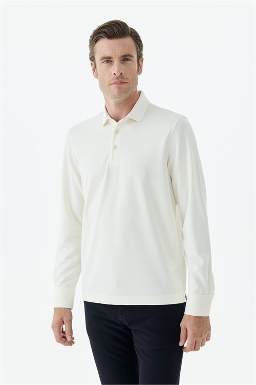 Beyaz Slim Fit Fermuarlı Polo Yaka Sweatshirt