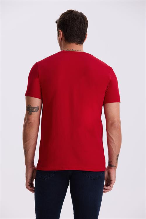 Kırmızı %100 Pamuk Slim Fit Bisiklet Yaka Basic T-Shirt