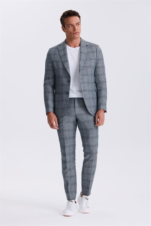 Lacivert Slim Fit Mono Yaka Kareli Torba Cepli %100 Keten Takım Elbise