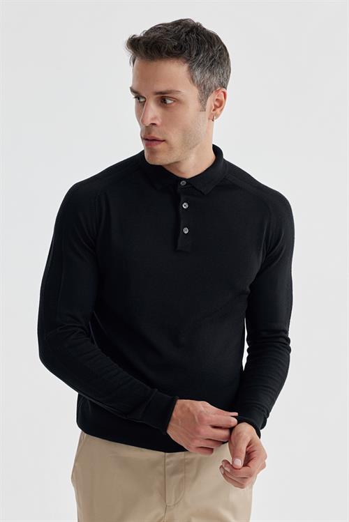 Lacivert Slim Fit Yünlü Desenli Polo Yaka Triko