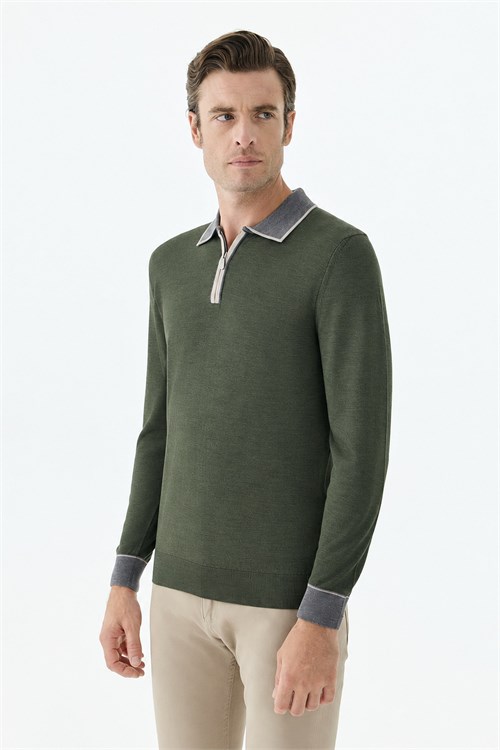 Yeşil Slim Fit Polo Yaka Fermuarlı Triko Kazak