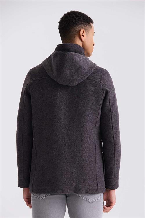 Bordo Comfort Fit Hakim Yaka Desenli Kapüşonlu Yünlü Spor Kaban