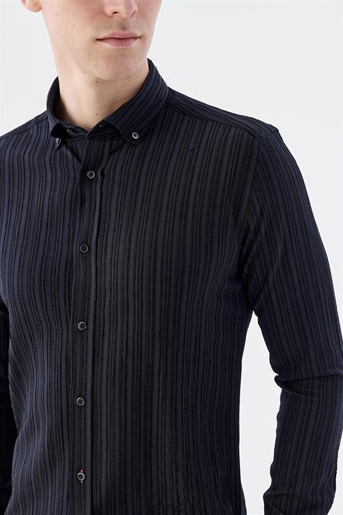 Dar Kalıp - Slim Fit Serili Gömlek-Jakamen  Yaka Alttan Düğmeli  Serili