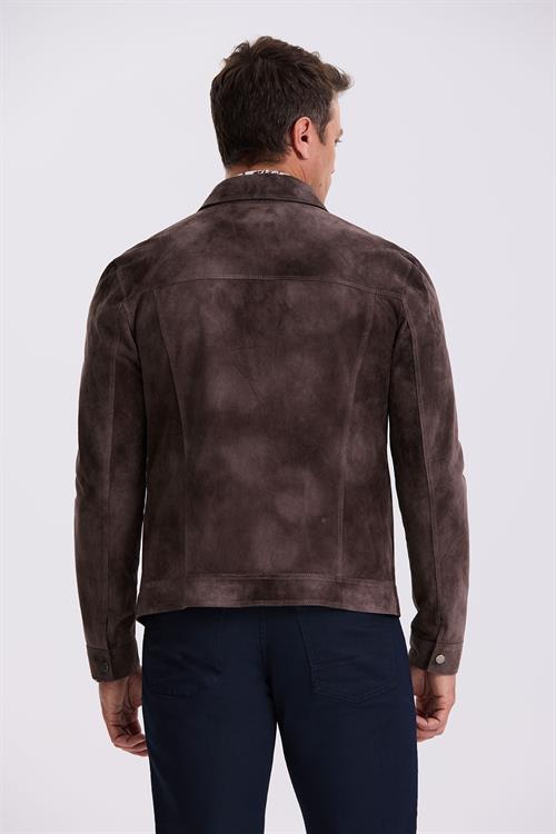 Kahve Comfort Fit Bebe Yaka Cepli %100 Deri Mont 