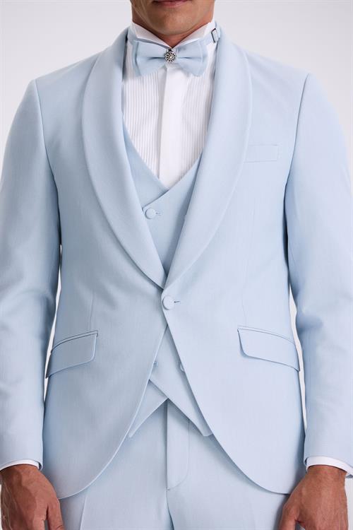 Mavi Slim Fit Şal Yaka Yelekli Smokin Damatlık Takım Elbise