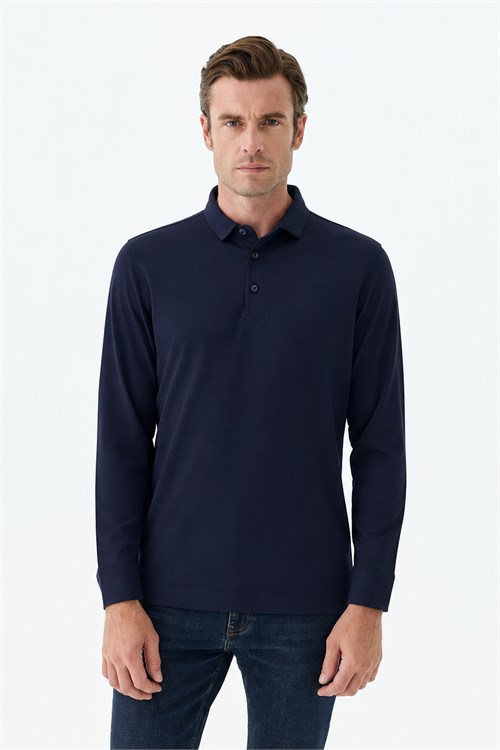 Lacivert Slim Fit Polo Yaka Sweatshirt