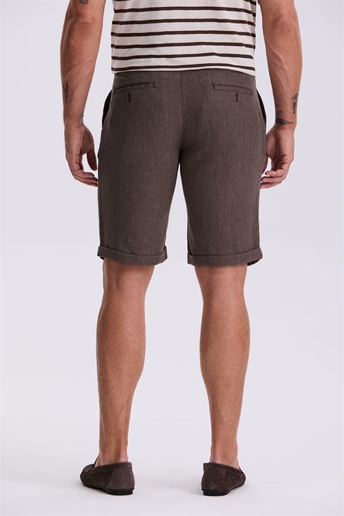 Kahve Comfort Fit Keten Dokulu Rahat Kesim Duble Paça Şort