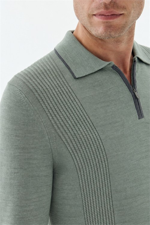 Yeşil Comfort Fit Merinos Yünlü Fermuarlı Polo Yaka Triko