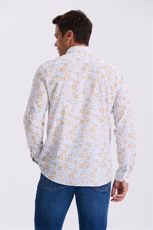 Mavi Çiçek Desenli Yaka Düğmeli Comfort Fit Gömlek