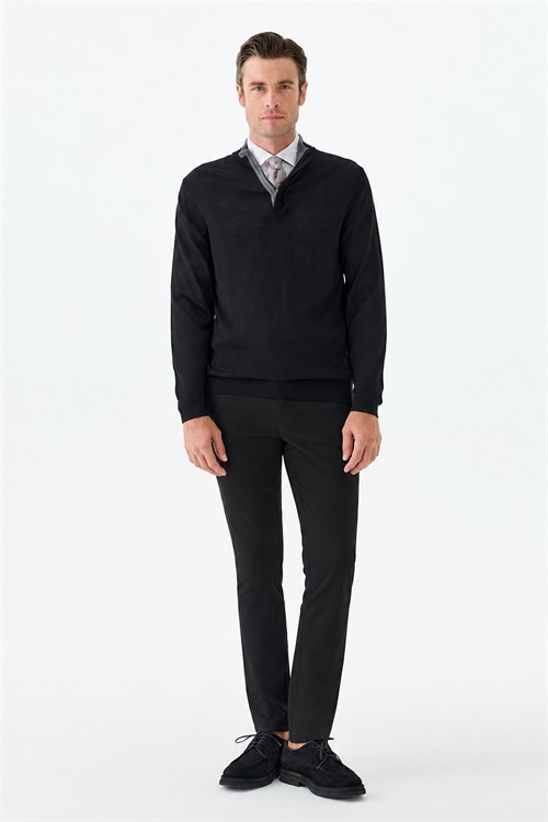 Siyah Slim Fit Yünlü Fermuarlı Triko