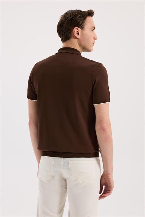 Kahve Dar Kalıp - Slim Fit T-Shirt Polo Yaka Fermuarlı