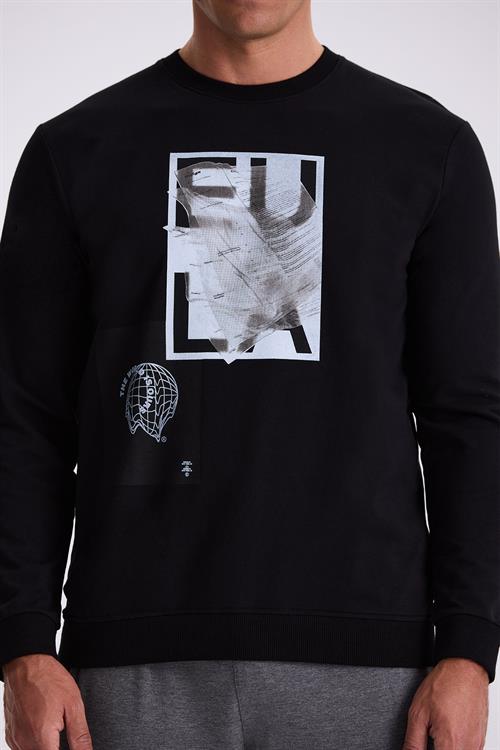 Siyah Slim Fit Bisiklet Yaka %100 Pamuk Sweatshirt