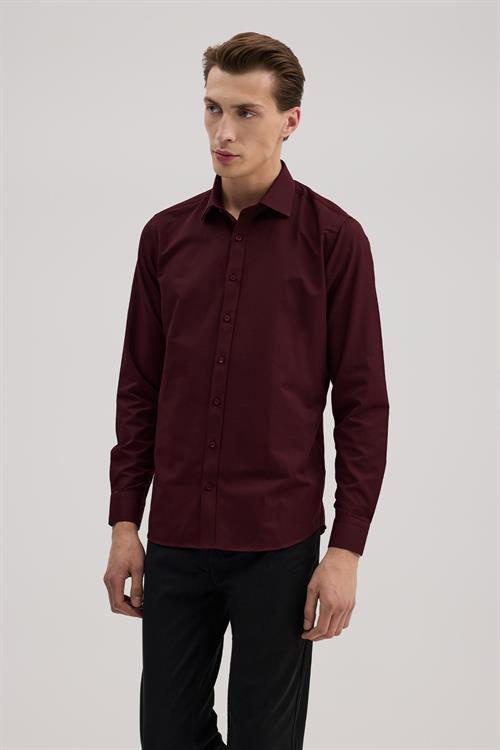 Bordo Rahat Kalıp - Comfort Fit Gömlek Klasik Yaka