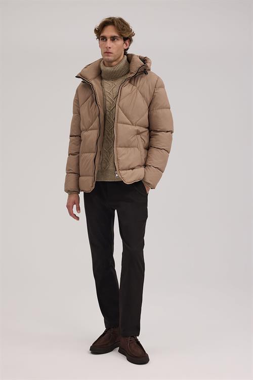 Bej Rahat Kalıp - Comfort Fit Mont Kapüşonlu