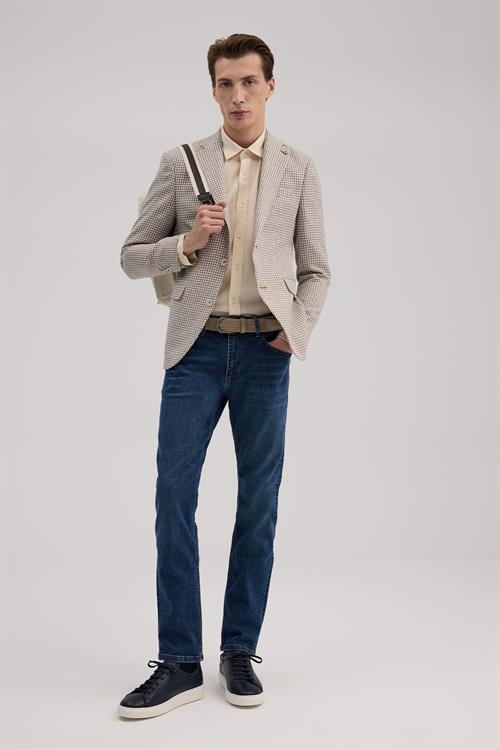 Kahve Slim Fit Sivri Yaka Keten Spor Ceket