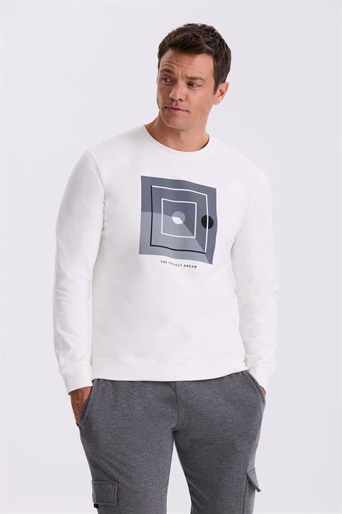 Ekru Slim Fit Bisiklet Yaka Baskılı %100 Pamuk Sweatshirt