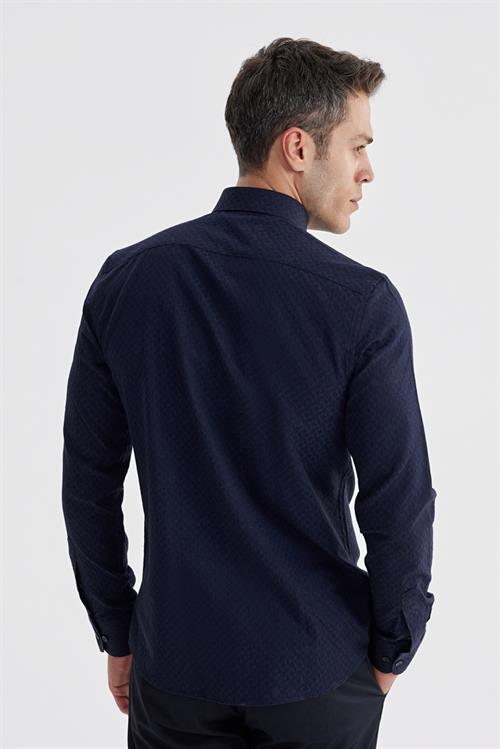 Lacivert Slim Fit Desenli Klasik Kravatlık Pamuklu Gömlek