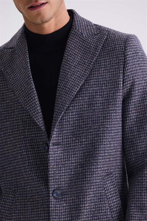 Lacivert Comfort Fit Sivri Yaka Kareli Desenli Yünlü Kaşe Kaban