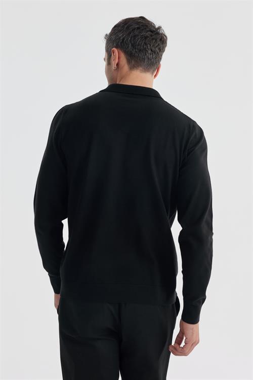 Siyah Slim Fit Yün Kaşmir Karışımlı Desenli Polo Yaka Triko