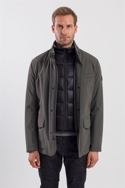 Haki Comfort Fit Gizli Kapüşonlu Mont