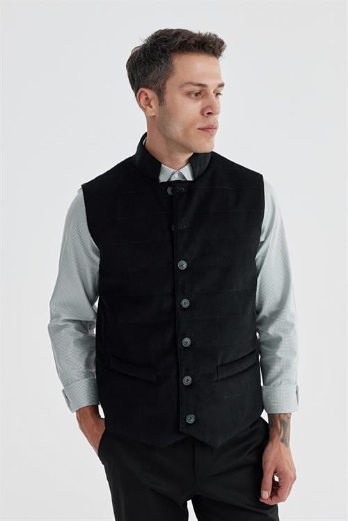 Siyah Hakim Yaka Çift Taraflı Slim Fit Yelek