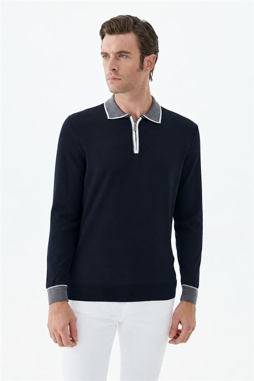 Lacivert Slim Fit Polo Yaka Fermuarlı Triko Kazak