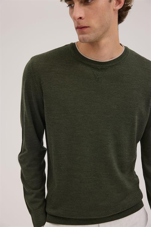 Zümrüt Yeşil Slim Fit Bisiklet Yaka V Tiftikli Yünlü Triko Kazak