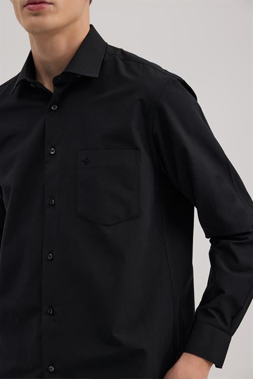 Siyah Klasik Fit İtalyan Yaka Uzun Kol Klasik Kravatlık Kolay Ütülenebilir Pamuklu Gömlek