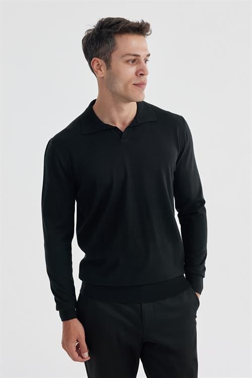 Siyah Slim Fit Polo Yaka Triko Kazak