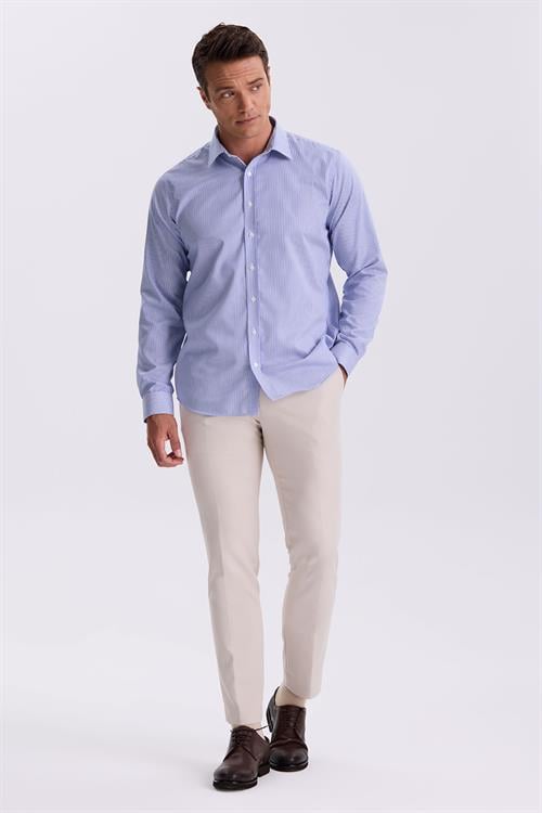Lacivert Comfort Fit Ütü Gerektirmeyen %100 Pamuk Çizgili Non İron Gömlek